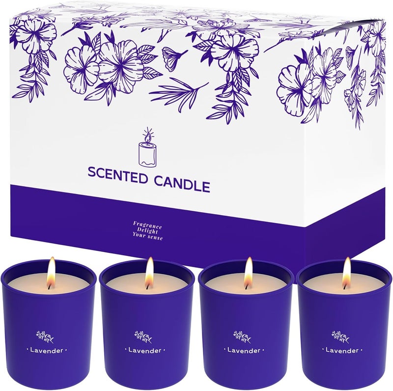 TranquilBliss Lavender Candles for Home Scented, 8 oz Scented Candles Present, Purple Jar Wax, Made with Soy for Women, 45 Hour Long-Lasting Burn for Girl Women Birthday Present Giving - 4 Pack - Image 1
